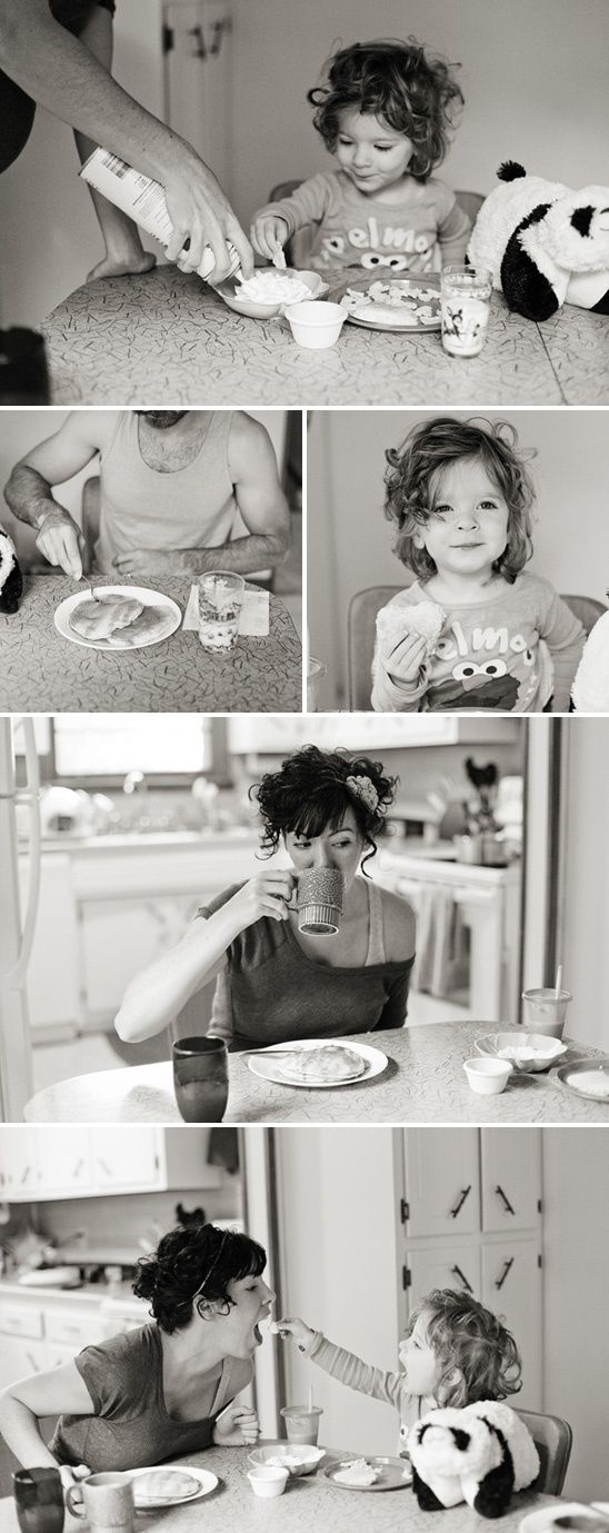 black and white photos of people eating at a kitchen table with one woman holding a plate