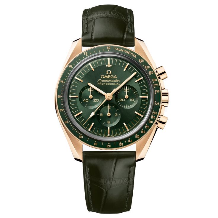 The Speedmaster Moonwatch is one of the world's most iconic timepieces. Having been a part of all six moon landings, the legendary chronograph is an impressive representation of the brand's pioneering spirit. Inspired by the 4th generation Speedmaster, this 42 mm Moonwatch in 18K Moonshine(tm) Gold, has a sun-brushed green PVD "step" dial and "Moonwatch" style hands. The green ceramic bezel ring, with OMEGA Ceragold(tm) tachymeter scale, features the famous dot over 90. Fixin Omega Speedmaster Moonwatch Professional, Omega Co Axial, Omega Speedmaster Moonwatch, Speedmaster Professional, Gents Watches, Apollo 11, Moon Landing, Bezel Ring, Gold Alloys