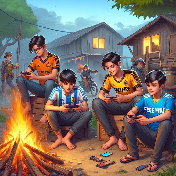 three boys sitting around a campfire playing games on their cell phones while others watch