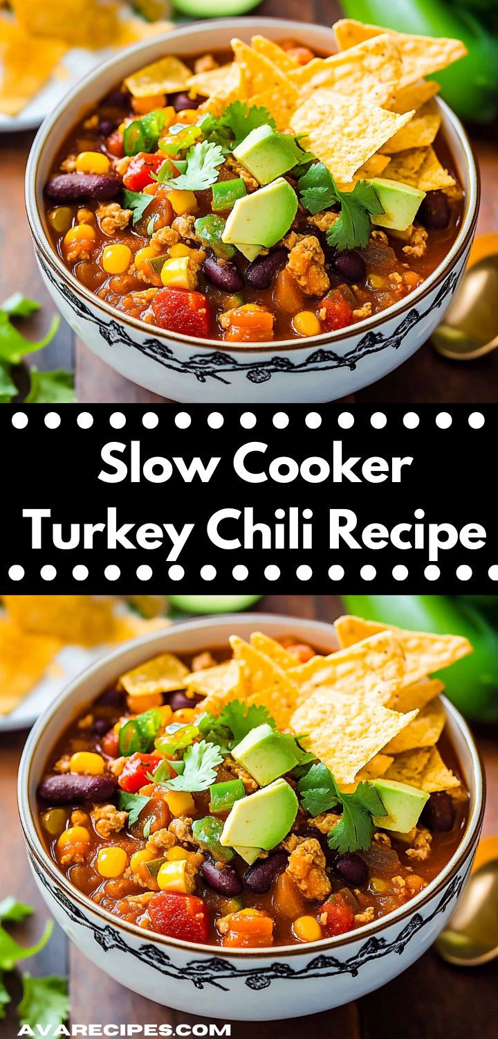 two bowls filled with slow cooker turkey chili and tortilla chips on the side