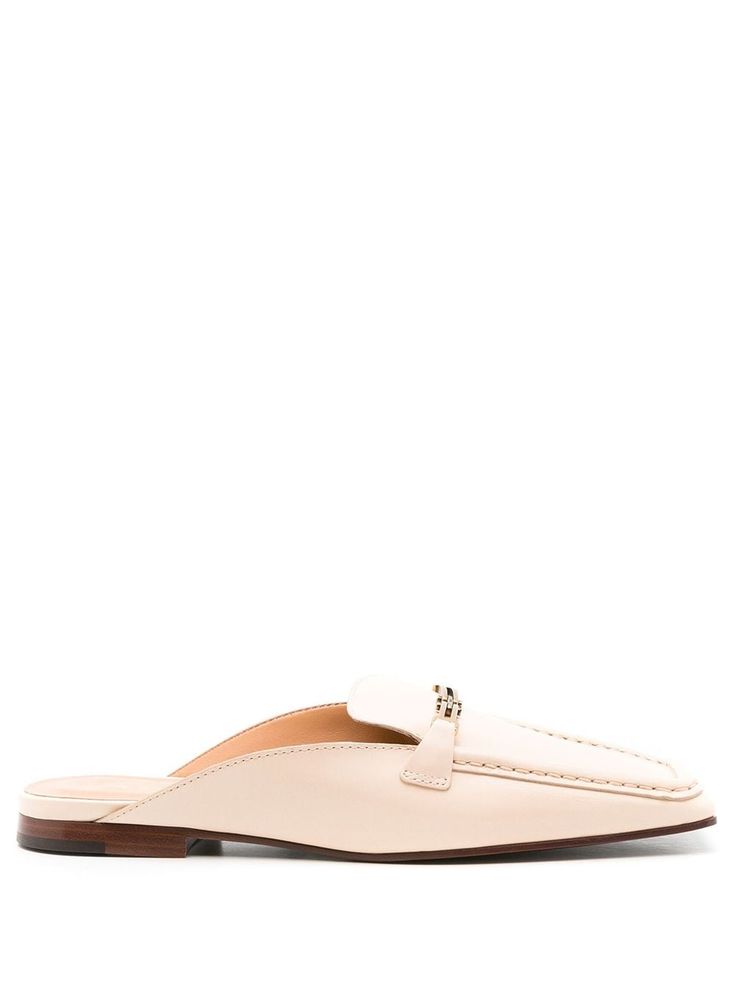 beige calf leather gold-tone logo plaque branded insole square toe open back slip-on style flat leather sole Leather Mules, Fashion Flats, Mule Clogs, Mules Shoes, Calf Leather, Open Back, Clogs, Slip On, Women Shoes