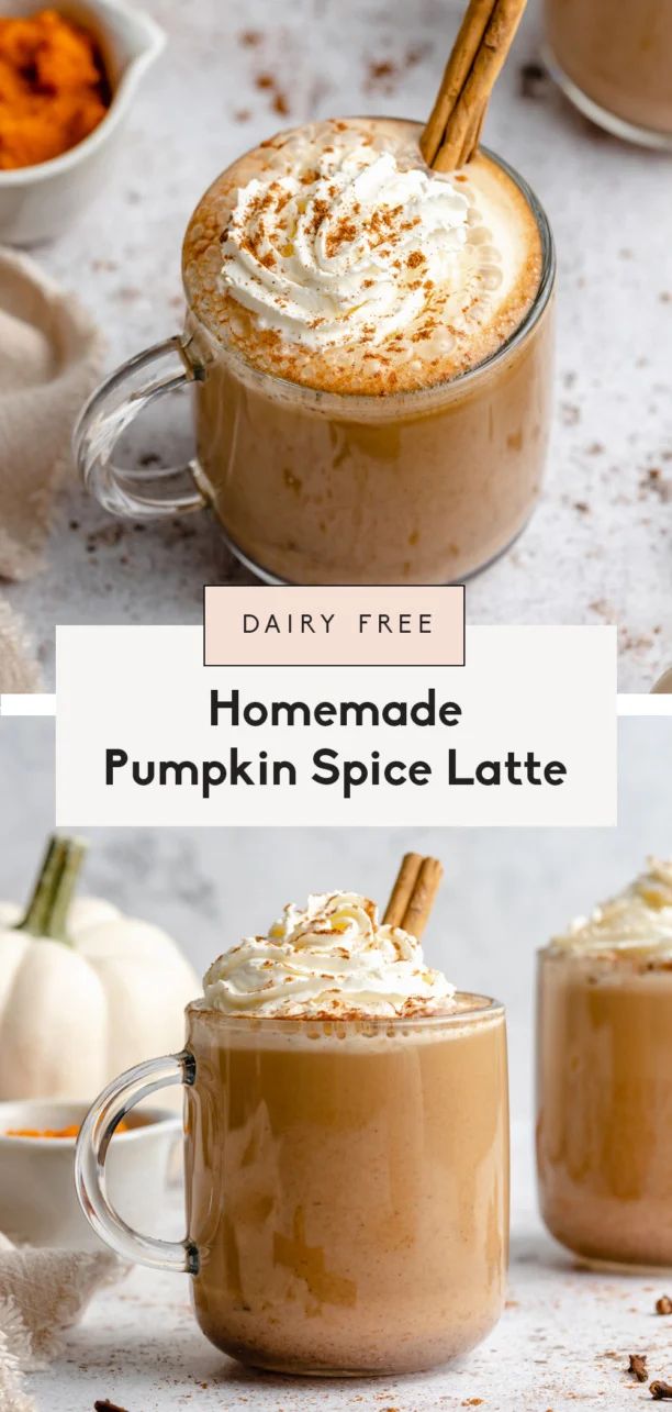 homemade pumpkin spice latte recipe with cinnamon and whipped cream in the mug, on a white background