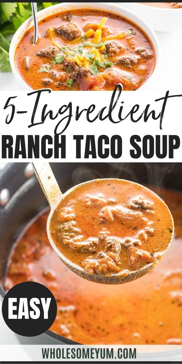 Easy Low Carb Taco Soup Recipe with Ranch Dressing - 5 Ingredients Keto Taco Soup Recipe Easy, Bariatric Taco Soup, Low Carb Taco Soup Stove Top, 5 Ingredient Taco Soup, Low Cal Taco Soup, Thm Taco Soup, Taco Soup No Meat, Taco Soup Recipe No Beans, Taco Soup Without Beans