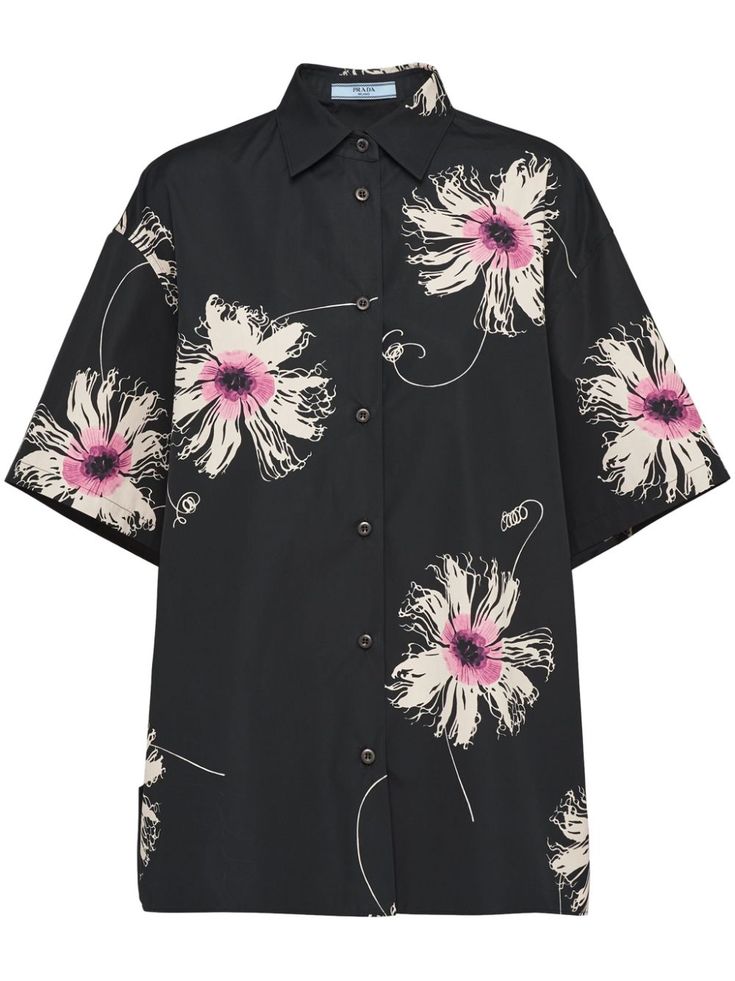 purple cotton floral print classic collar front button fastening drop shoulder short sleeves straight hem Marigold Print, Triangle Logo, Van Cleef Arpels, Poplin Shirt, Black Button, Lady Dior, Hermes Birkin, Drop Shoulder, Workout Shirts