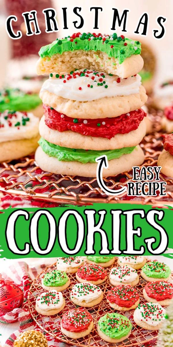 christmas cookies are stacked on top of each other with the words easy recipe cookies over them