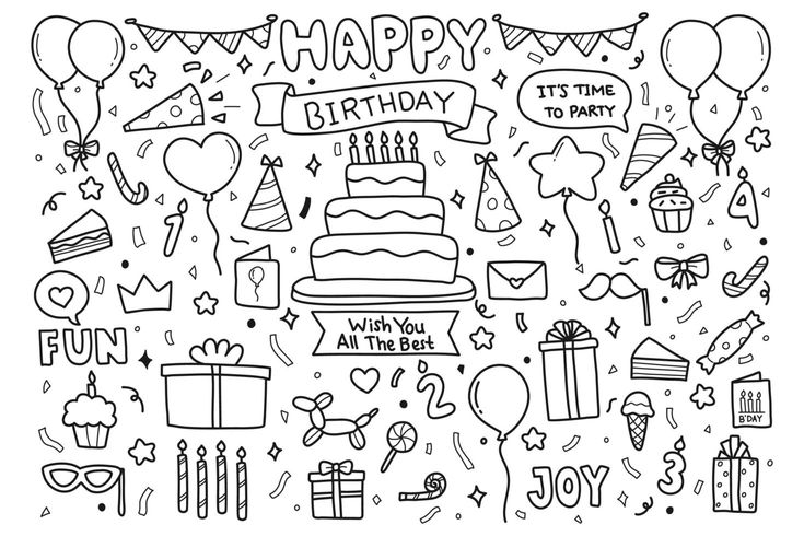 happy birthday card with balloons, gifts and confetti