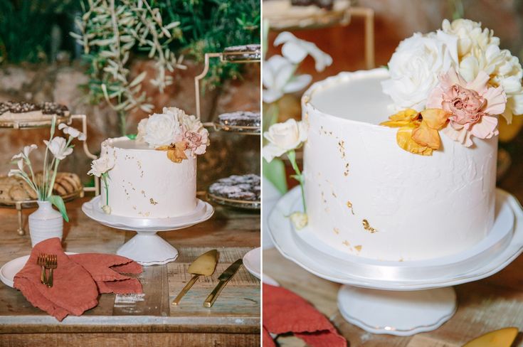 two different cakes with flowers on them sitting on top of a table next to each other