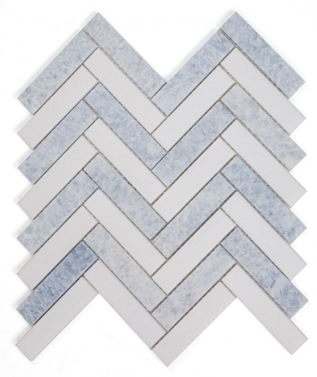 Thassos White & Azul Celeste ( Blue ) Herringbone 1X4 Mosaic Polished Sample Stone Tilezz Blue Herringbone Tile, Thassos Marble, Tile Accent Wall, Blue Backsplash, Herringbone Backsplash, Kitchen Backsplash Designs, Wall Exterior, Herringbone Tile, Marble Mosaic Tiles