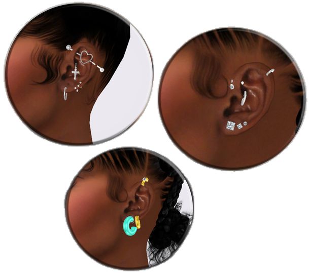 three different images of a woman with piercings on her nose and behind her ear