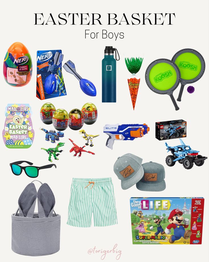 an easter basket for boys with toys and other items