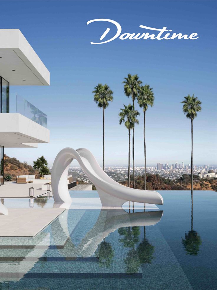 the pool has a slide in it and palm trees around it, as well as an advertisement for dounitime