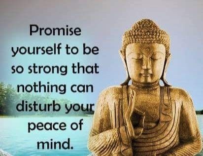 a buddha statue sitting in the middle of water with a quote on it that reads,'promote yourself to be so strong that nothing can disturb your peace of mind