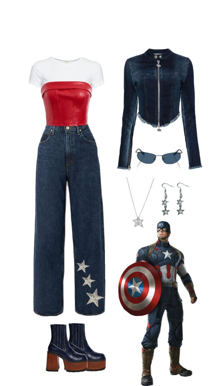 a woman in red top and jeans with captain america costume on her chest, next to an outfit from the avengers movie