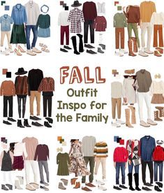 a collage of clothes and shoes with the words fall outfit inspo for the family