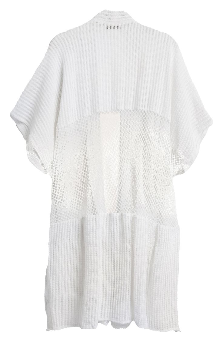 Diamond mesh and knit lattice stitches add captivating charm to a lightweight cover-up you'll love to layer. Open front Elbow-length sleeves Lattice: 70% polyester, 25% cotton, 5% spandex; Diamond Mesh: 100% polyester Hand wash, line dry Imported Spring White Knit Cover-up, White Mesh Top With Mesh Sleeves For Summer, Stretch Open Knit Cover-up For Spring, Spring Open Knit Cover-up, Chic Open Knit Cover-up For Spring, Summer Open Knit Top For Layering, Summer Layering Mesh Top With Mesh Sleeves, Chic Knit Beach Cover-up, White Knit Top For Beach In Fall