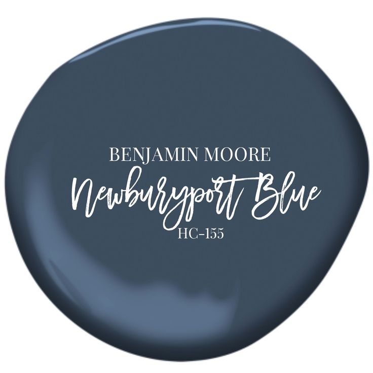 the benamin moore newport blue paint is shown in dark blue with white lettering