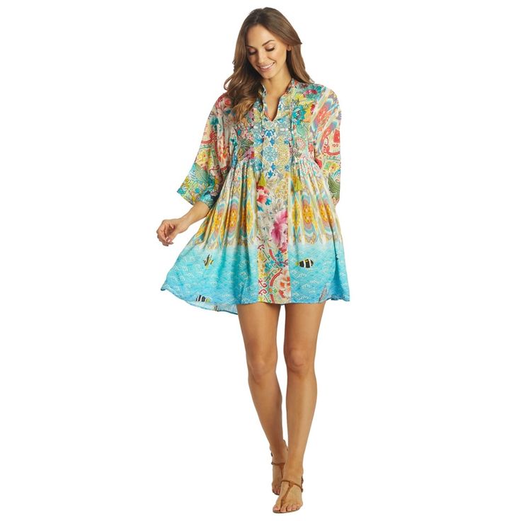 Johnny Was Women's Mixi Short Kaftan Dress Nwt! Size- Xs Measurements- Length- 36.5 Inches Underarm To Underarm-17.5 Inches Perfect Festival Dress In An Under The Sea Colorful Print, Soft And Flowy Fit Features Drape Sleeve, Border Multi Print,Above Knee Length, Open Neck With Tie Details Fabric: 100% Rayon Care: Hand Wash, Cold Water, Lay Flat To Dry Chlorine Resistant: No Back Style: V Back Adjustable: No Country Of Origin: Imported Embroidered Blue Dress, Short Kaftan Dress, Rose Embroidered Dress, Silk Tunic Dress, Army Green Dress, Short Kaftan, Long Sleeve Cotton Dress, Draped Midi Dresses, High Low Maxi Dress