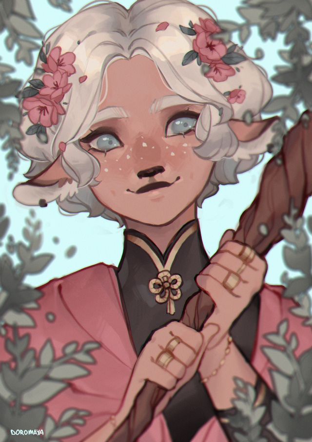 a drawing of a woman with white hair and flowers on her head holding a stick