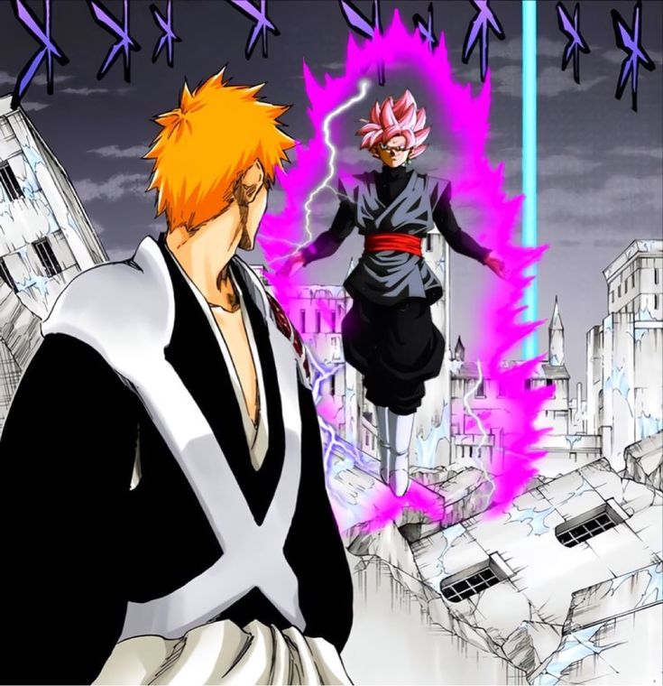 two anime characters standing in front of a city