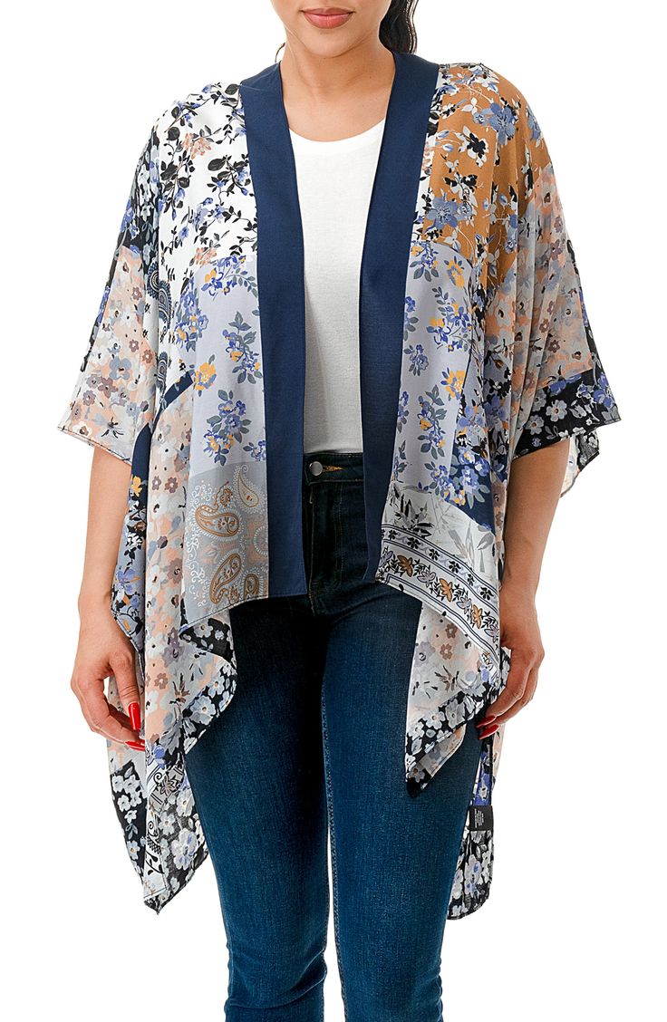 Vivacious floral printing blooms across a lightweight, duster featuring dramatic wide sleeves for an ultrachic, layered look. Open top Elbow-length sleeves 100% viscose Machine wash, line dry Imported Kimono Online, Paisley Kimono, Floral Duster, Floral Print Kimono, Floral Patches, Floral Printing, Print Kimonos, Patch Work, Floral Kimono