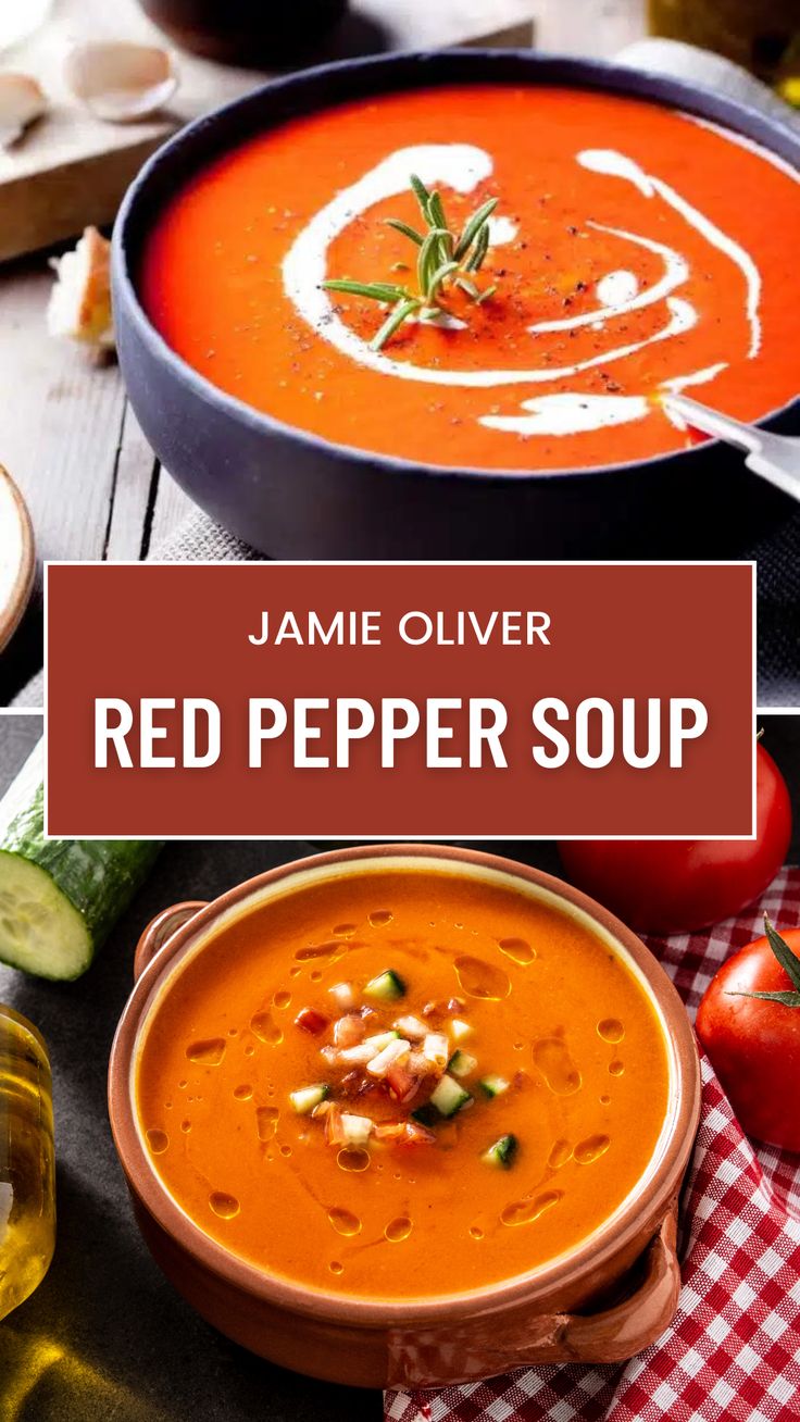 Jamie Oliver Red Pepper Soup Creamy Red Pepper Soup, Roasted Red Pepper And Lentil Soup, Roasted Red Pepper Soup Jarred Peppers, Carrot Pepper Soup, Cream Of Pepper Soup, Roasted Red Pepper Soup Coconut Milk, Creamy Pepper Soup, Red Pepper Soup Crockpot, Jamie Oliver Soup Recipes