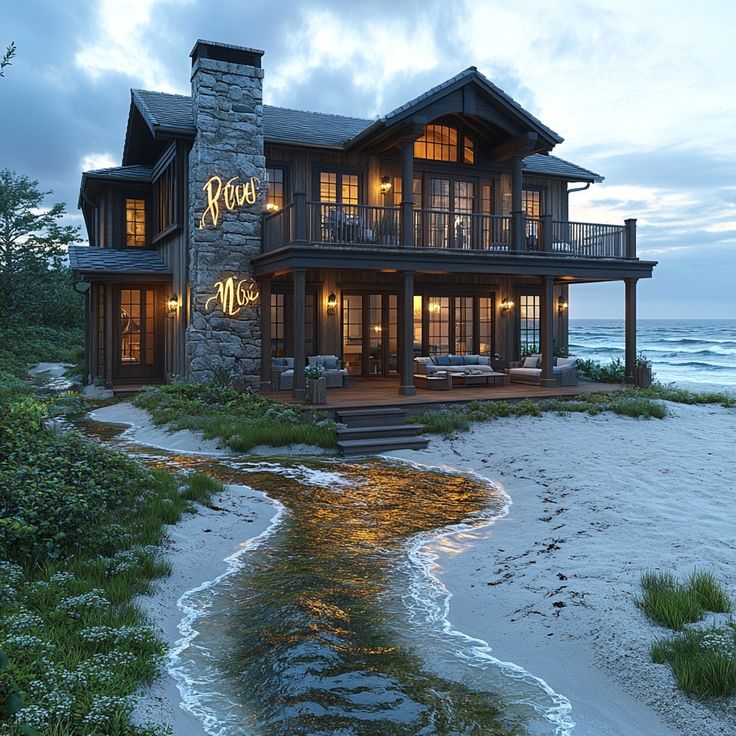 a large house on the beach at dusk with its lights on and water running through it