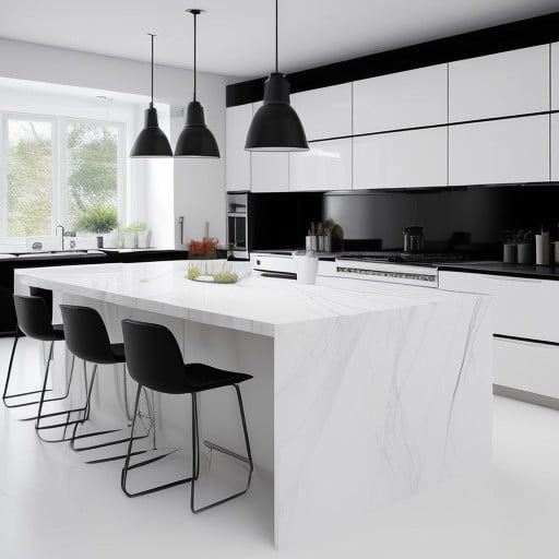 White Kitchen With Black Countertops, Kitchen With Black Countertops, Monochrome Kitchen, Black Kitchen Countertops, Modern White Kitchen, Countertops Ideas, Hardwood Floor Colors, Black White Kitchen, Black And White Cookies