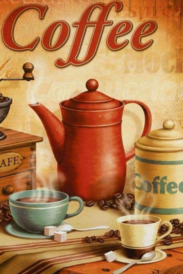 a painting of coffee and teapots on a table with the words coffee written in large letters