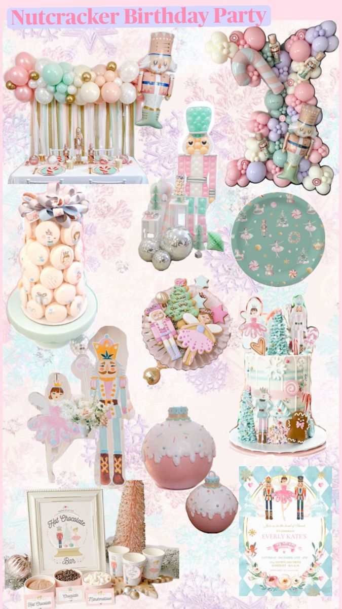 a bunch of items that are on a pink and blue tablecloth with the words nutcracker birthday party