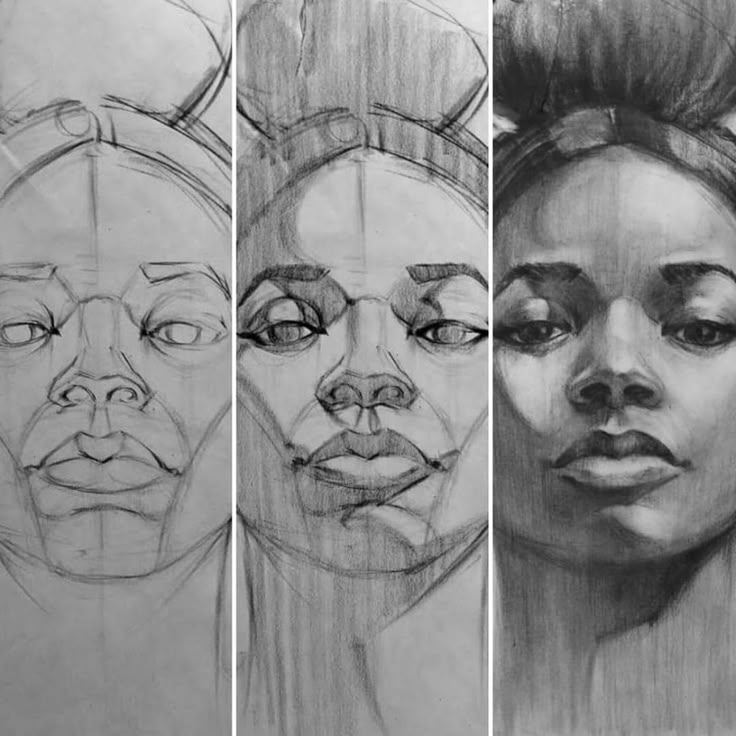 four different types of faces drawn in pencil