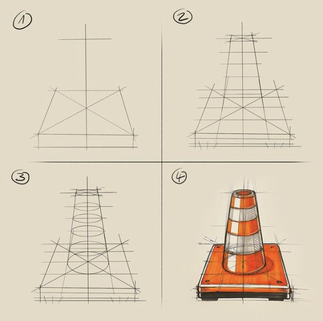 the steps to drawing a traffic cone are shown in three different ways, including one with an orange cone on top