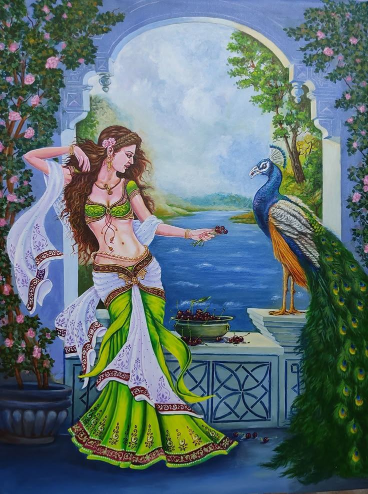 a painting of a woman with a peacock in her hand and another bird on the other side