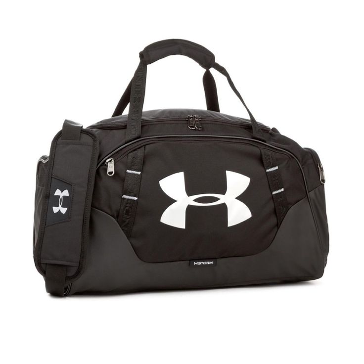 the under armour duffel bag is black and white