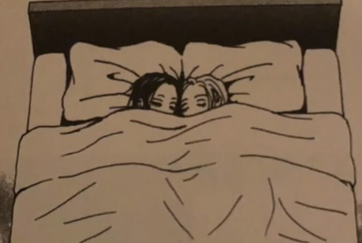 a drawing of two people laying in bed with the sheets pulled back and covers folded down