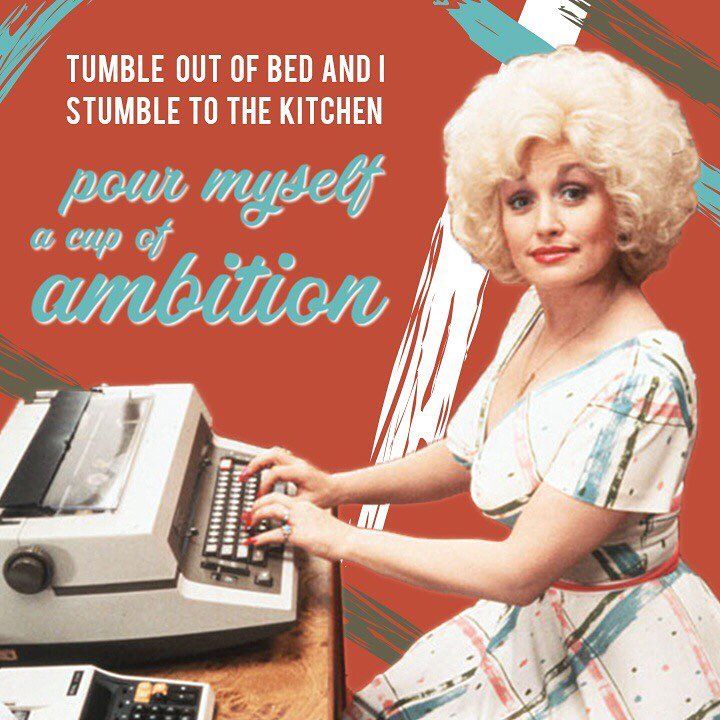 a woman typing on an old computer with the caption tumble out of bed and i stumble to the kitchen