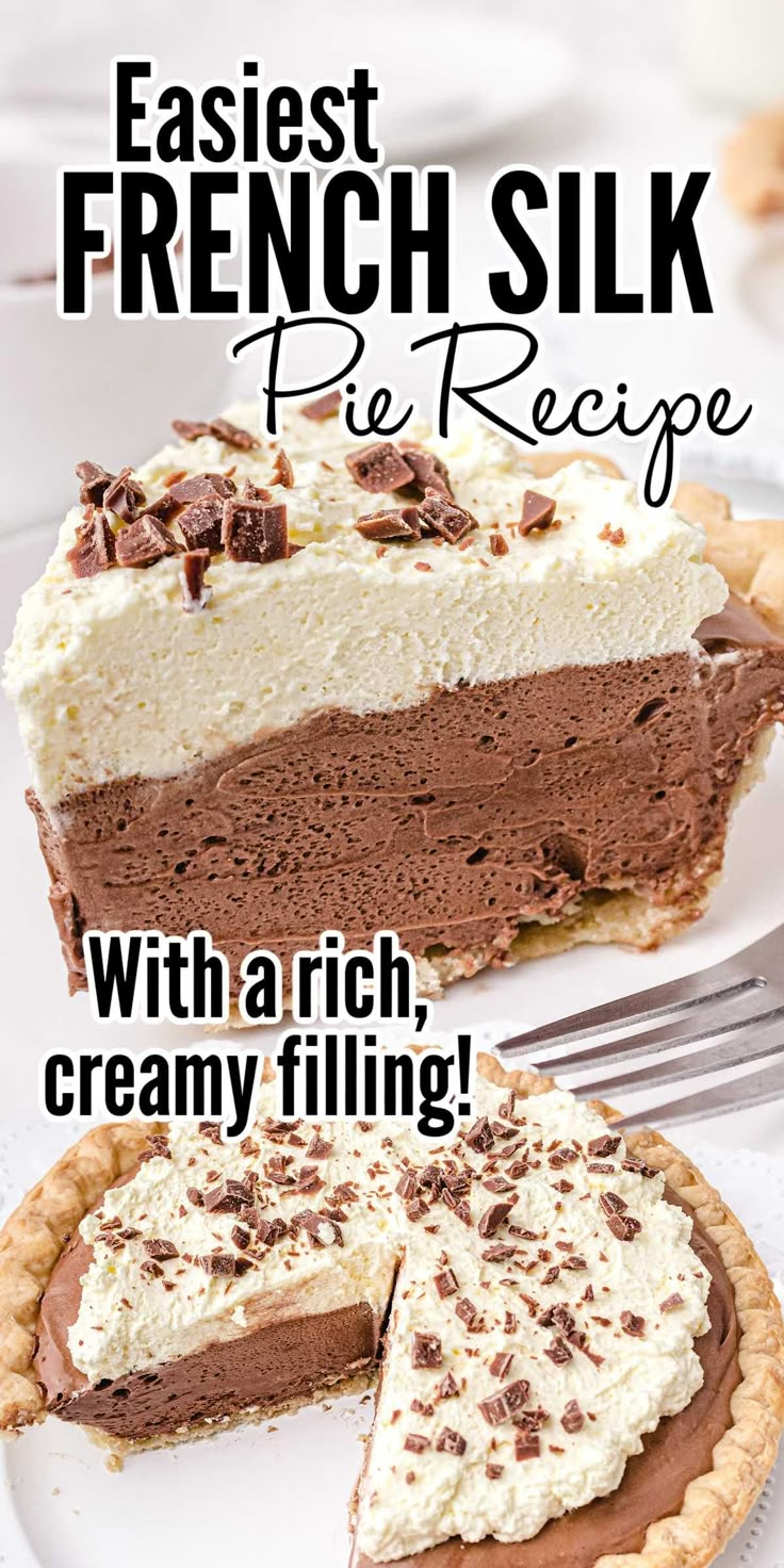 a piece of pie on a plate with the words, easy french silk pie recipe