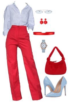 Summer Office Outfits Work Chic Classy, Red And Blue Work Outfit, Red Office Outfits Women, Chic Casual Office Outfits, Red White And Blue Work Outfits, Yellow Work Outfits For Women, Red And Blue Outfits For Women, Red Pant Outfits For Women, How To Wear Red Pants