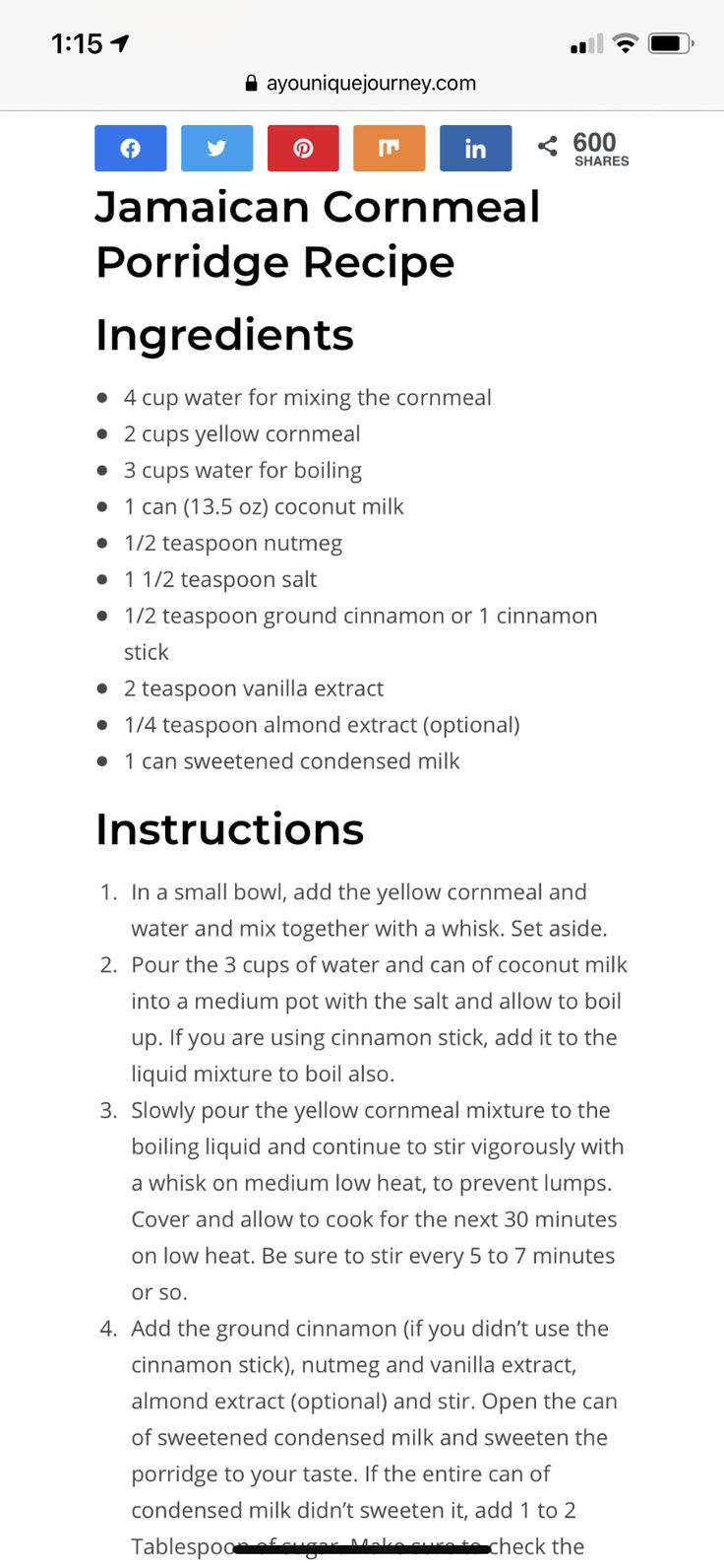 the recipe for jamaican cornmeal porridge recipe is shown on an iphone screen