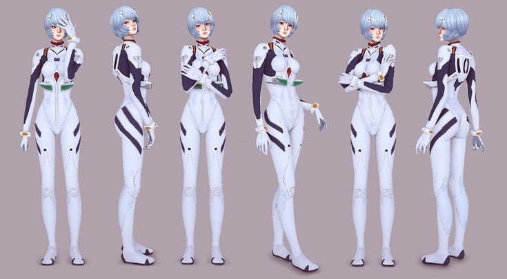 several different poses of an anime character with blue hair and white skin, in various positions