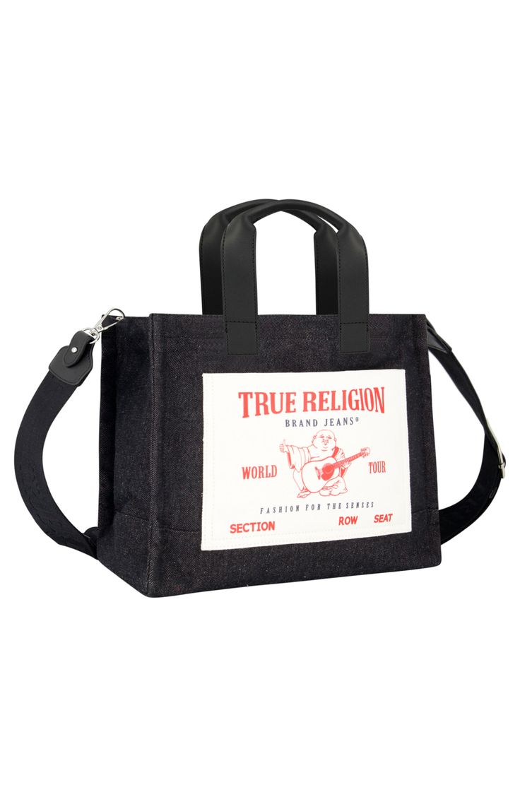 The iconic logo patch adds a well-traveled finish to a versatile canvas medium tote bag featuring a squared base for maximum interior space. 10 1/2" H x 12 1/2" W x 6 1/2" D 16-27" strap drop Dual top handles, optional crossbody strap Magnetic top closure Textile Lined Imported True Religion Purse, True Religion Bag, School Purse, Purse Aesthetic, Cute Online Clothing Stores, Pretty Tote Bags, Tote Bags For School, Back To School Bags, Medium Tote Bag