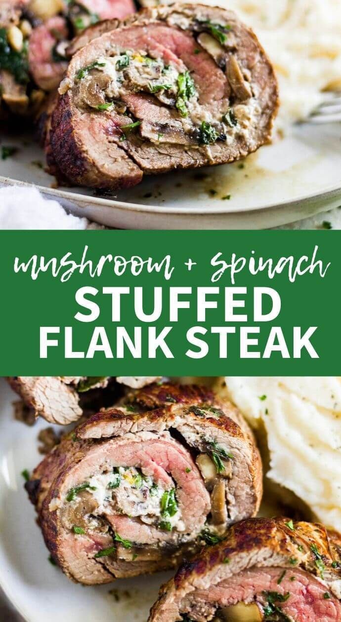 steak and spinach stuffed flank steak on a plate with mashed potatoes