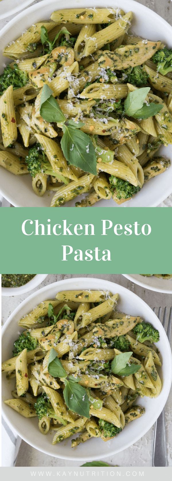 chicken pesto pasta in a white bowl with basil and parmesan cheese on top