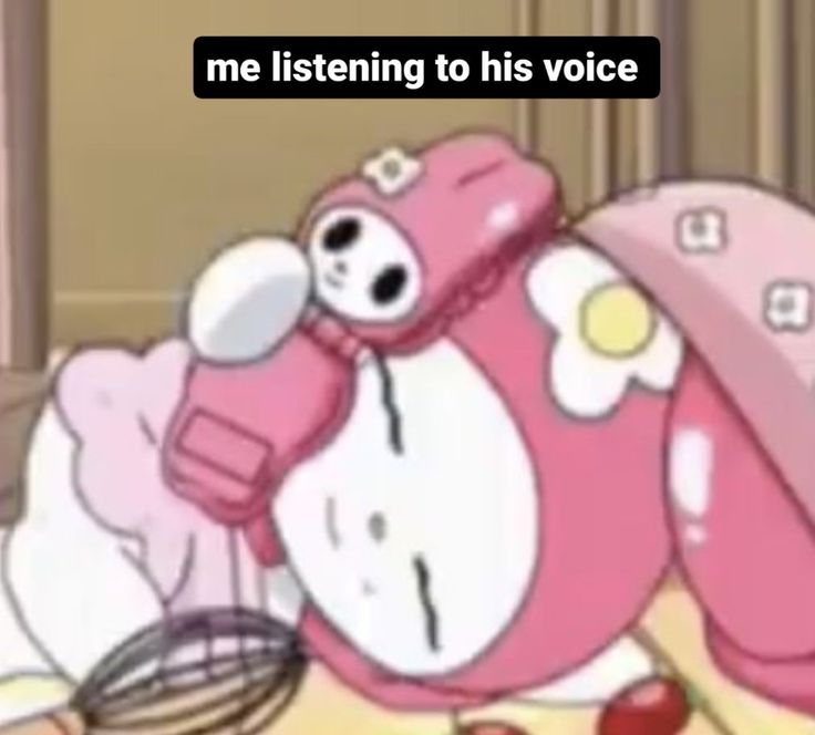 a pink hello kitty holding a whisk in it's hand with the caption me listening to his voice