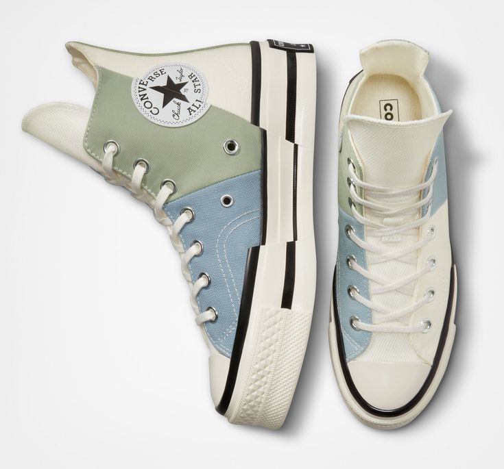 Style No. A04370C Color: Summit Sage/Egret High-top sneaker with material split upper made from canvas, twill, and poly-cotton denim. OrthoLite cushioning for all-day comfort. An asymmetrical, fused design and elongated tongue for standout style. A split rubber outsole distorts heritage Chuck Taylor design elements. A spliced Chuck Taylor ankle patch. Chuck 70 Plus Material Mashup Unisex High Top Shoes. Mens High Tops Converse, Sneakers Converse Lyst, Cheap High-top Blue Canvas Shoes, Affordable High-top Canvas Shoes, Cheap Trendy Mid-top Canvas Shoes, Cheap Converse Sneakers, Cheap Converse High-top Sneakers, Cheap Converse High-top Sneakers With White Sole, High Top Shoes 2022 Tennis