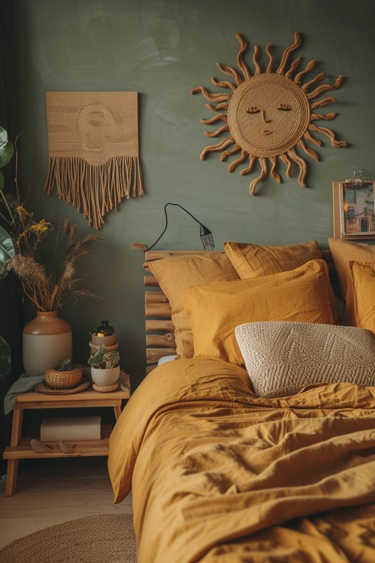 a bedroom with green walls and yellow bedding