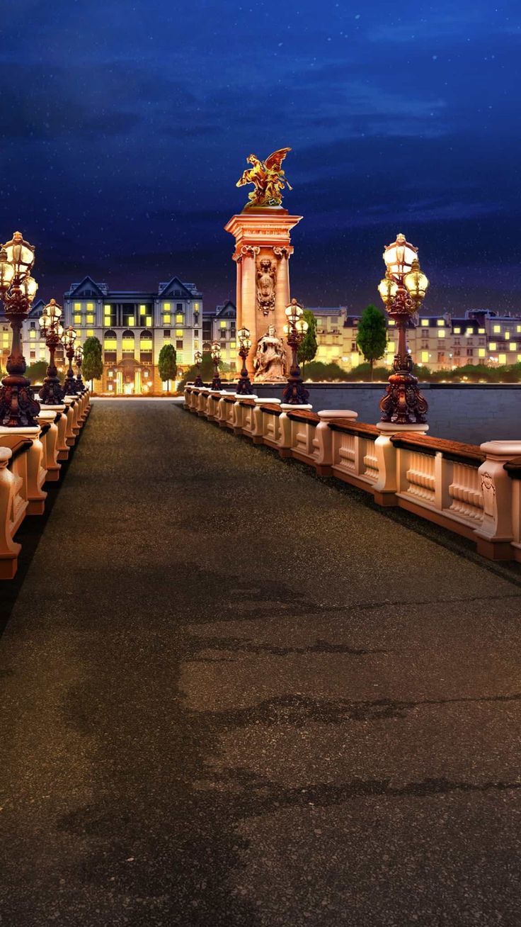 the walkway is lit up at night with street lights on either side and buildings in the background