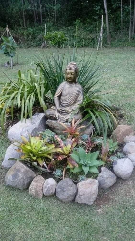 a buddha statue surrounded by plants and rocks