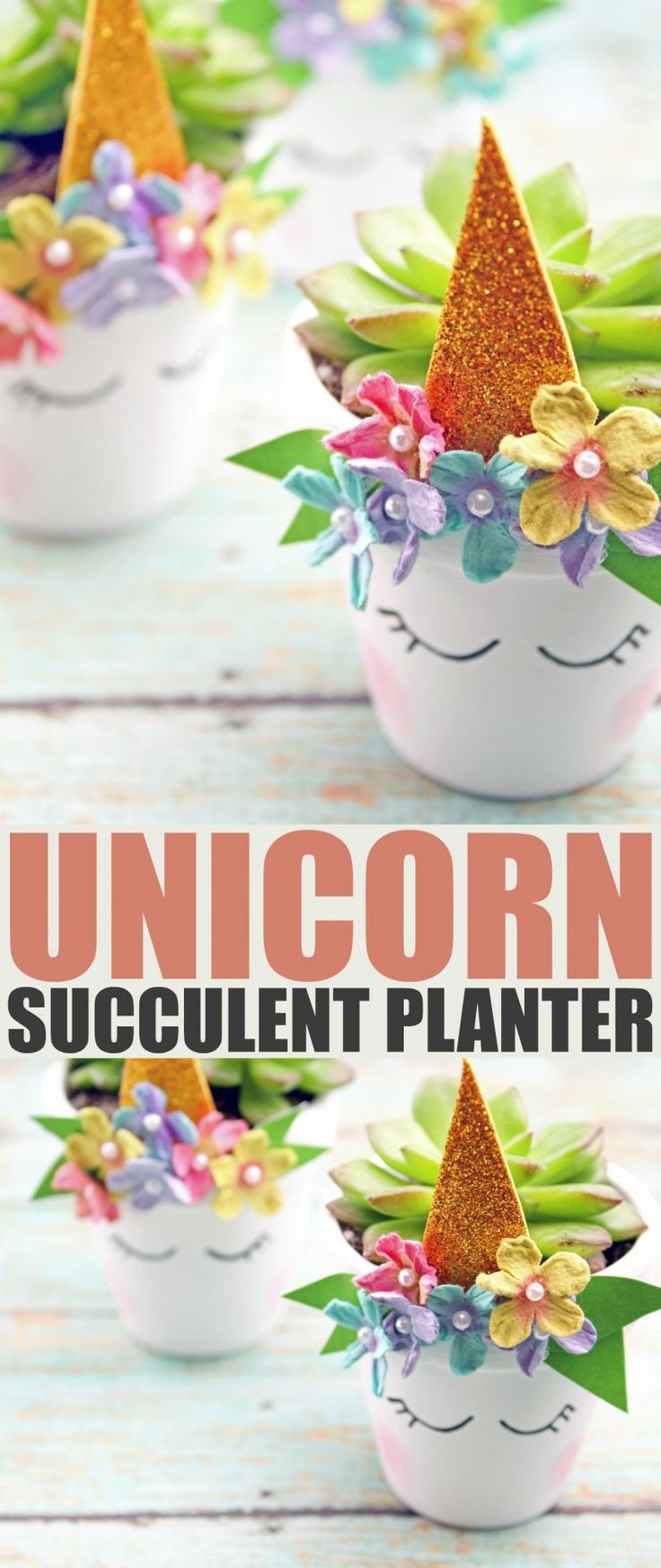 unicorn succulent planters with flowers in them on a wooden table and text overlay that reads, unicorn succulent planters