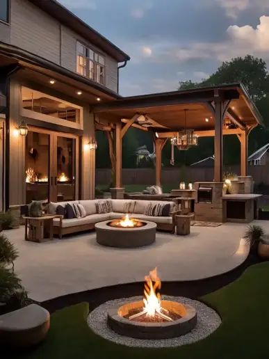 a fire pit sitting in the middle of a patio next to a large wooden structure