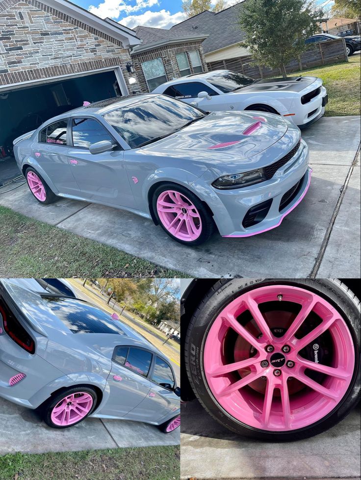 two pictures of cars with pink rims on them